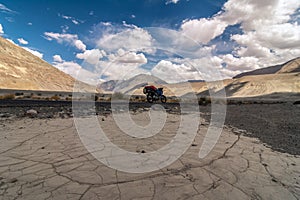 Motorcyle on the way to pangong tso - Landscape of Nubra Valley in Leh Ladakh, Jammu and Kashmir, India