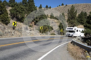 Motorhome ascends a mountain slope.