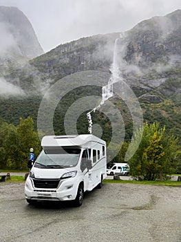 Motorhome camper in Briksdal glacier valley in south Norway. Europe