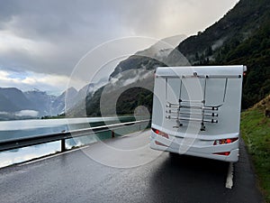 Motorhome camper in Briksdal glacier valley in south Norway. Europe