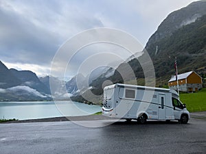 Motorhome camper in Briksdal glacier valley in south Norway. Europe