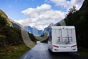 Motorhome camper in Briksdal glacier valley in south Norway, Europe