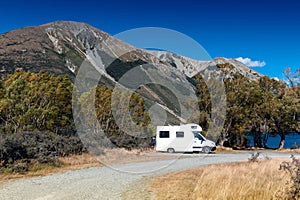 Motorhome camper at Lake Pearson / Moana Rua Wildlife Refuge, New Zealand photo