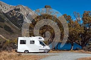 Motorhome camper at Lake Pearson / Moana Rua Wildlife Refuge, New Zealand photo