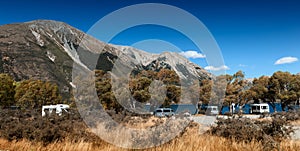 Motorhome campers at Lake Pearson / Moana Rua Wildlife Refuge, New Zealand