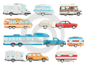 Motorhome cars. Caravan rv campers, retro travel car, vintage trailer caravans, vacation vehicle, motorhomes wheel, road