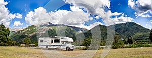 Motorhome in Chilean Argentine mountain Andes. Family trip travel vacation on Motorhome RV in Andes.