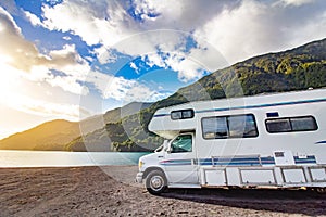 Motorhome in Chilean Argentine mountain Andes. Family trip travel vacation on Motorhome RV in Andes. Ensenada, Chile