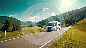 A motorhome drives along a scenic mountain road