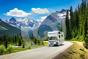 Motorhome is driving down a road in countryside among pine trees and mountains. Traveling in a camper. Generative AI