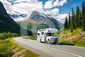 Motorhome is driving down a road in countryside among pine trees and mountains. Traveling in a camper. Generative AI