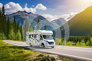 Motorhome is driving down a road in countryside among pine trees and mountains. Traveling in a camper. Generative AI