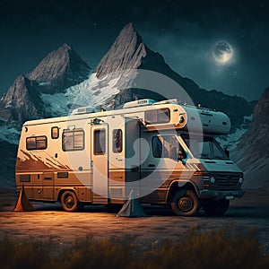 Motorhome in the middle of the forest at night.