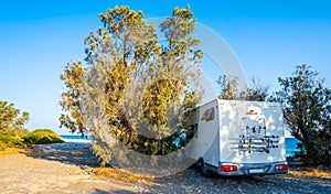 Motorhome parked on an amazing beach, Crete, Greece