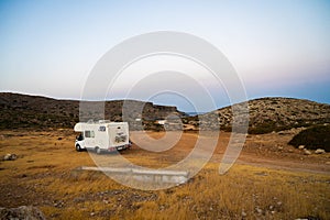 Motorhome parked on an amazing Tendopoula beach, Crete, Greece