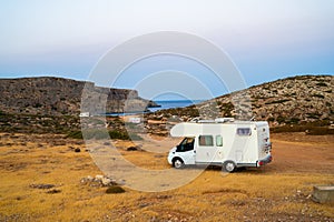 Motorhome parked on an amazing Tendopoula beach, Crete, Greece