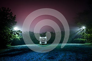 Motorhome on a pitch at night