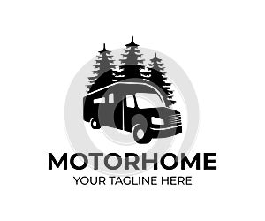 Motorhome or recreational vehicle RV camper car, logo template. Vacation travel or traveling, trip or adventure and caravan car,