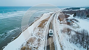 motorhome rides along the road along the coast of the sea in winter, aerial view