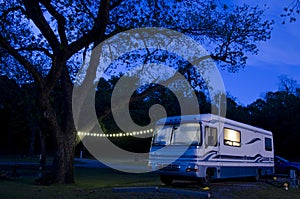 Motorhome RV at Night Campsite