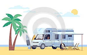 Motorhome stands on beach next to palms and surfboards. Caravan camper. Automobile camping van. Summer vacation. Car