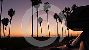 Motorhome trailer, caravan for road trip, palm trees, California beach at sunset
