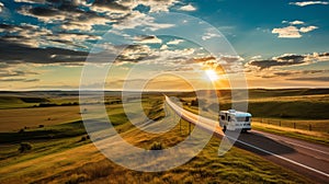 Motorhome Travelling On Highway: A Sunset Journey Through North Dakota Prairie