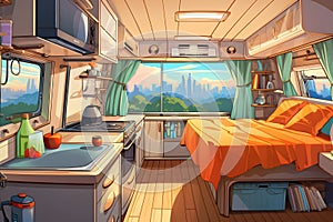 Motorhome van with a comfortable bed and modern sink. AI Generated