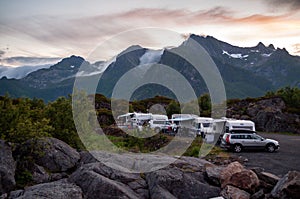 Motorhomes at a campsite in the mountains in Norway