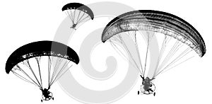 Motorized monochrome paragliders in grayscale and silhouettes isolated on white background.