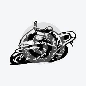 Motorsport Biker in Action Monochrome Vector Stock Silhouette Illustration