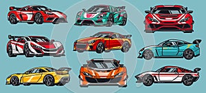 Motorsport car colorful set labels