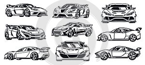 Motorsport car set stickers monochrome