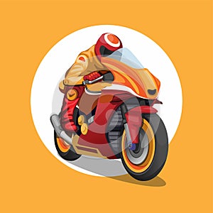 Motorsport championship rider in orange and red color concept in cartoon illustration vector