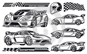 Motorsport racing set labels monochrome