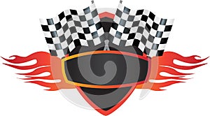 Motorsports flame and flag logo shield