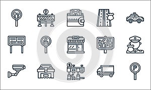 Motorway line icons. linear set. quality vector line set such as parking area, toll road, cctv, truck, toolbox, road, road map,