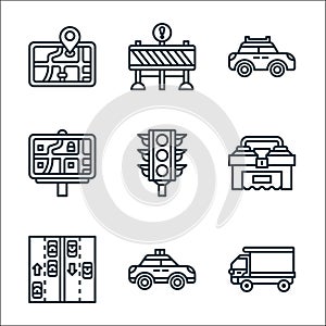 motorway line icons. linear set. quality vector line set such as truck, police car, motorway, toolbox, traffic light, road map,