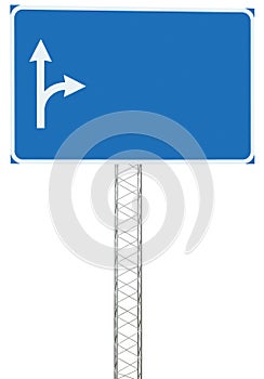 Motorway Road Junction Driving Direction Info Sign Panel Signboard, Large Isolated Blank Empty Blue Copy Space Roadside Traffic