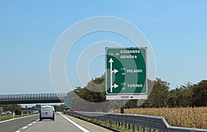 Motorway sign to go to the Italian cities of MILAN and other places in Italy