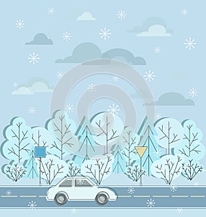 Motorway. Winter road, car, road signs and snow. Atoban.