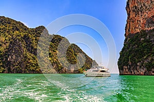 Motoryacht anchored in Phang Nga Bay