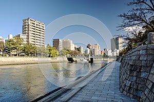 Motoyasu river and modern buildings in Hiroshima, Japan