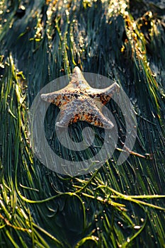 Mottled bat star, Patiria miniata, on surfgrass