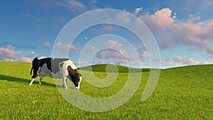 Mottled dairy cow graze on green pasture