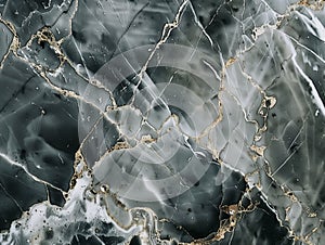 Mottled texture of black natural marble slab adorned with white scratches. Aged surface of crystal formation traced with