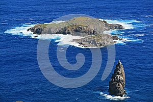 Motu Nui Island, with the smaller Motu Iti Island and the Motu Kao Kao Sea Stack as seen from Orongo Village on Easter Island