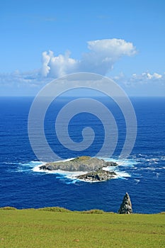 Motu Nui Island and the smaller Motu Iti Island with the Motu Kao Kao Sea Stack in Foreground, Easter Island