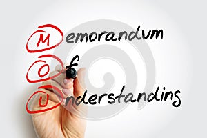 MOU Memorandum Of Understanding - type of agreement between two or more parties, acronym text concept with marker