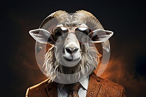 Mouflon with sunglasses wearing suit and tie on solid background. Generative AI